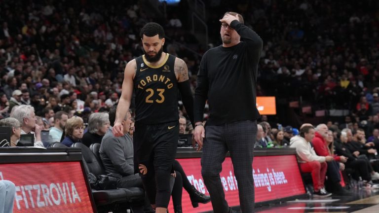 Toronto Raptors' Fred VanVleet and Head Coach Nick Nurse react during their loss to the Utah Jazz in NBA basketball action in Toronto on Friday, February 10, 2023.(Chris Young/The Canadian Press)