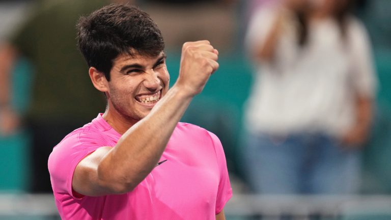 Carlos Alcaraz, of Spain, clenches his fist after defeating Taylor Fritz, of the U.S., at the Miami Open, Thursday, March 30, 2023, in Miami Gardens, Fla. (AP)