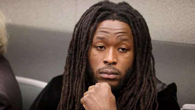 New Orleans Saints running back Alvin Kamara waits for an arraignment at the Regional Justice Center in Las Vegas, Thursday, March 2, 2023. Kamara and three other men pleaded not guilty Thursday in Nevada to charges they beat a man unconscious at a Las Vegas Strip nightclub before the NFL’s 2022 Pro Bowl. (K.M. Cannon/AP)