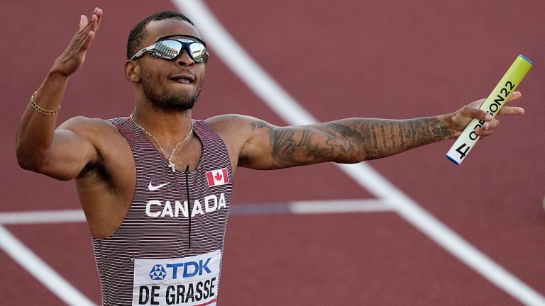 Andre De Grasse, of Canada, celebrates after winning the final in the men's 4x100-meter relay at the World Athletics Championships on Saturday, July 23, 2022, in Eugene, Ore. (Gregory Bull/AP)