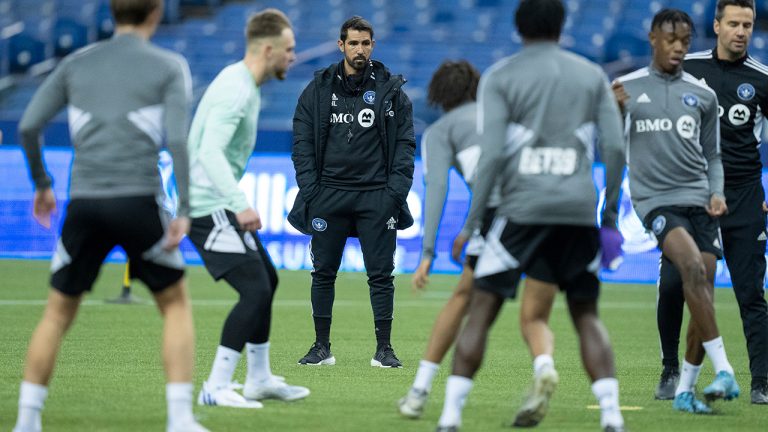 CF Montreal head coach Hernan Losada looks over a practice during the first day of training camp in Montreal on Monday, January 9, 2023. (Paul Chiasson/CP)