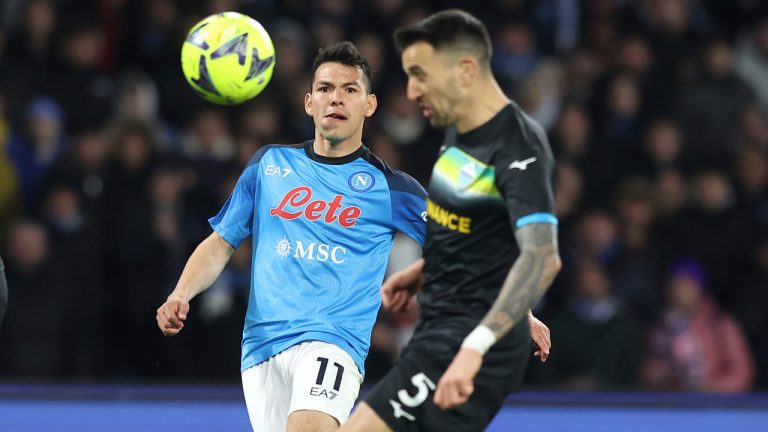 Lazio's Matias Vecino and Napoli's Hirving Lozano, left, in action during the Serie A soccer match between Napoli and Lazio, at the Diego Armando Maradona stadium in Naples, Italy, Friday, March 3, 2023. (Alessandro Garofalo/LaPresse via AP) 