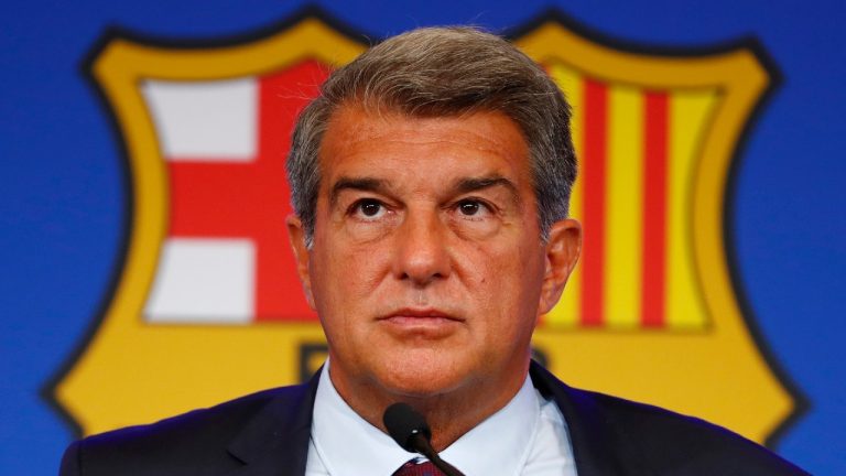 FILE - FC Barcelona club President Joan Laporta pauses during a news conference in Barcelona, Spain, on Aug. 6, 2021. Spanish state prosecutors have formally accused Barcelona soccer club of corruption because of its payments of large sums of money for several years to the vice president of the refereeing committee. The decision has been made official on Friday, March 10, 2023. (Joan Monfort/AP, File)