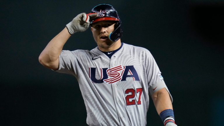 United States' Mike Trout reacts after hitting an RBI single against Colombia during the third inning of a World Baseball Classic game in Phoenix, Wednesday, March 15, 2023. (Godofredo A. Vásquez/AP)