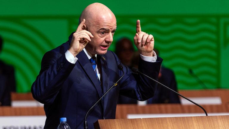 FIFA president Gianni Infantino speaks at the 73rd FIFA Congress, held in Kigali, Rwanda Thursday, March 16, 2023. Infantino was re-elected by acclaim to another four-year term on Thursday after suggesting the financial results under his leadership would keep an industry CEO in the job for life. (AP Photo) 