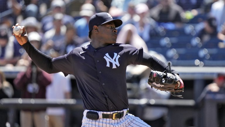New York Yankees pitcher Luis Severino delivers to the Detroit Tigers during the first inning of a spring training baseball game Tuesday, March 21, 2023, in Tampa, Fla. (Chris O'Meara/AP)