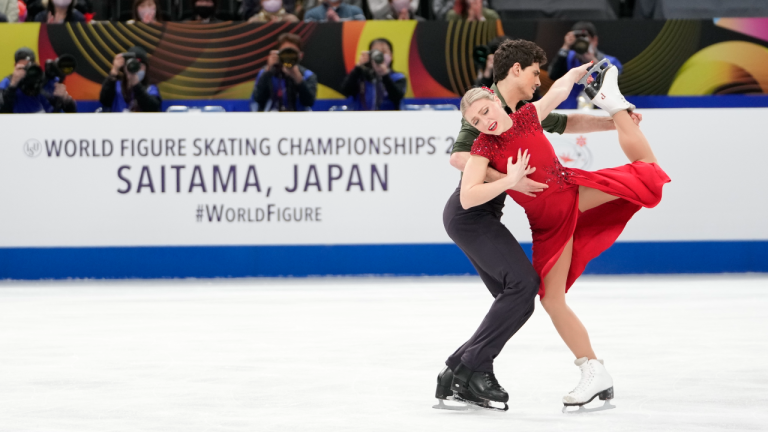 Piper Gilles and Paul Poirier of Canada perform during the ice dance free dance program in the World Figure Skating Championships in Saitama, north of Tokyo, Saturday, March 25, 2023. (AP)