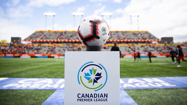 The game ball sits on a pedestal ahead of the soccer match of the Canadian Premier League between Forge FC of Hamilton and York 9 in Hamilton, Ont., Saturday, April 27, 2019. (Aaron Lynett/CP)