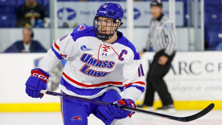 UMass Lowell forward Carl Berglund skates during the first period of an NCAA hockey game against Vermont on Friday, Nov. 4, 2022, in Lowell, Mass. (Greg M. Cooper/AP)