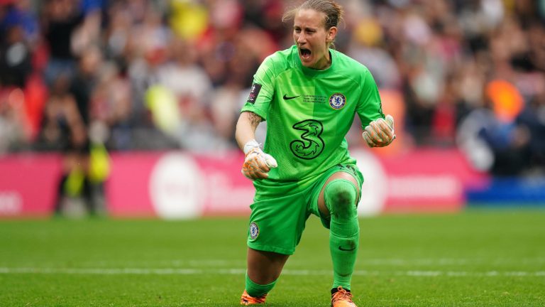 Chelsea goalkeeper Ann-Katrin Berger celebrates during the Vitality Women's FA Cup Final at Wembley Stadium, London on Sunday May 15, 2022. (Isaac Parkin/Sportimage via PA Images)
