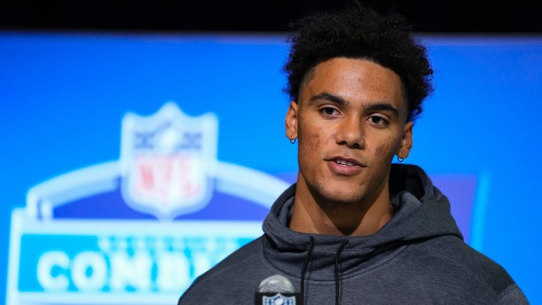 Oregon defensive back Christian Gonzalez speaks during a press conference at the NFL football scouting combine in Indianapolis, Thursday, March 2, 2023. (Michael Conroy/AP)