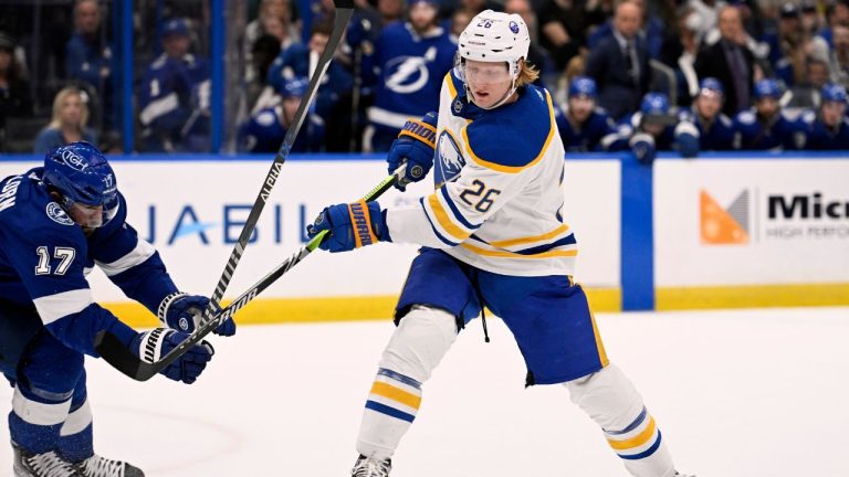 Buffalo Sabres defenceman Rasmus Dahlin looks to shoot against Tampa Bay Lightning left wing Alex Killorn during the first period of an NHL hockey game Thursday, Feb. 23, 2023, in Tampa, Fla. (Jason Behnken/AP Photo)