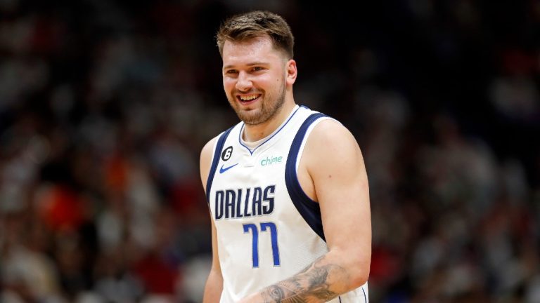 Dallas Mavericks guard Luka Doncic (77) reacts to a call in the first half of an NBA basketball game against the New Orleans Pelicans in New Orleans, Wednesday, March 8, 2023. (Tyler Kaufman/AP)