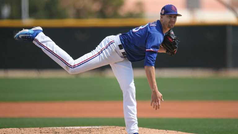 Texas Rangers starting pitcher Jacob deGrom delivers during the second inning of a AA baseball rehabilitation start with the Frisco RoughRiders against the Northwest Arkansas Naturals, Monday, March 13, 2023, in Surprise, Ariz. (Abbie Parr/AP Photo)