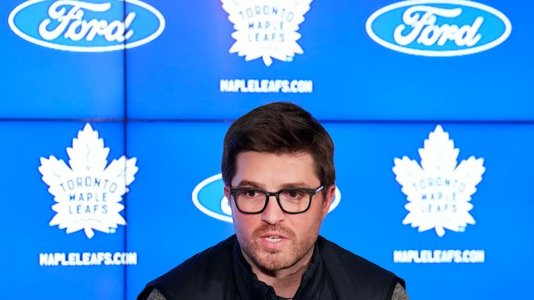 Toronto Maple Leafs general manager Kyle Dubas speaks to the media after being eliminated in the first round of the NHL Stanley Cup playoffs during a press conference in Toronto on Tuesday, May 17, 2022. (Nathan Denette/CP)
