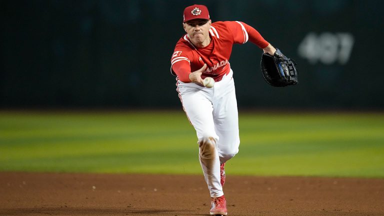 Canada first baseman Freddie Freeman throws to first for an out against Great Britain during the sixth inning of a World Baseball Classic game in Phoenix, Sunday, March 12, 2023. (Godofredo A. Vásquez/AP)