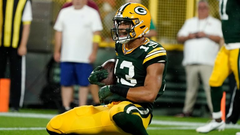 Green Bay Packers wide receiver Allen Lazard reacts after catching a 5-yard touchdown pass during the first half of an NFL football game against the Chicago Bears Sunday, Sept. 18, 2022, in Green Bay, Wis. (Morry Gash/AP)