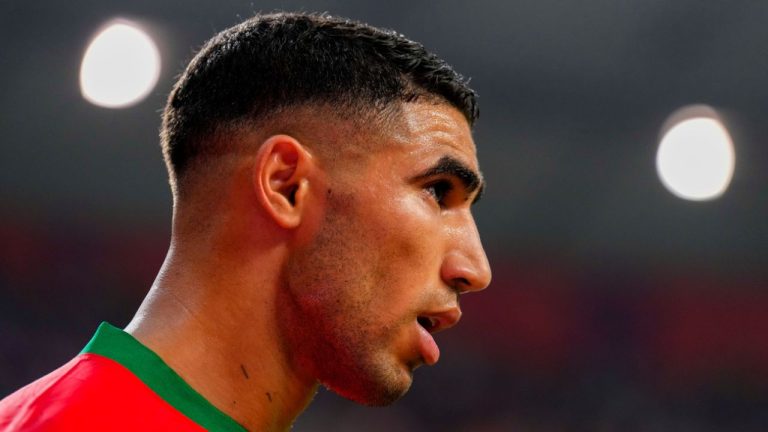 Morocco's Achraf Hakimi reacts during the World Cup third-place playoff soccer match between Croatia and Morocco at Khalifa International Stadium in Doha, Qatar, Saturday, Dec. 17, 2022. (Hassan Ammar/AP Photo)