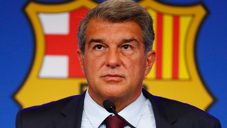 FC Barcelona club President Joan Laporta pauses during a news conference in Barcelona, Spain, on Aug. 6, 2021. (Joan Monfort/AP)
