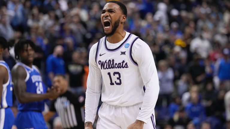 Kansas State guard Desi Sills (13) reacts during the second half of a second-round college basketball game against the Kentucky in the NCAA Tournament on Sunday, March 19, 2023, in Greensboro, N.C. (John Bazemore/AP)