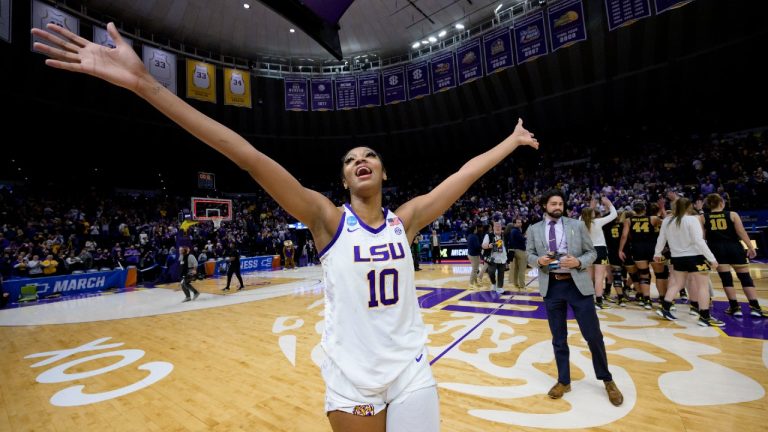 LSU forward Angel Reese (10) waves to the crowd after LSU defeated Michigan in a second-round college basketball game in the women's NCAA Tournament in Baton Rouge, La., Sunday, March 19, 2023. (Matthew Hinton/AP)