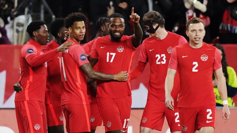 Canada forward Cyle Larin (17) celebrates his goal against Honduras with teammates during first half CONCACAF Nations League soccer action in Toronto on Tuesday, March 28, 2023. (CP)