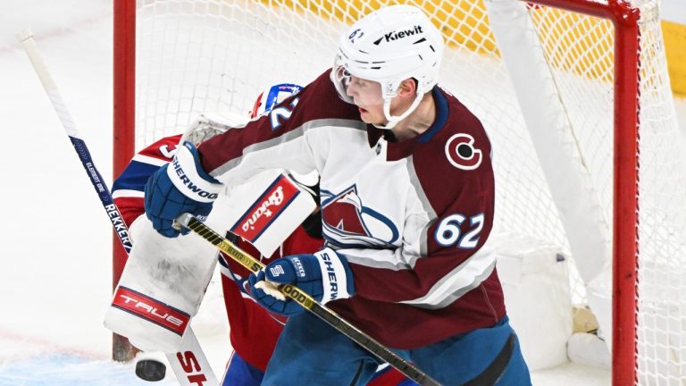 Colorado Avalanche's Artturi Lehkonen scores against Montreal Canadiens goaltender Jake Allen during first period NHL hockey action in Montreal, Monday, March 13, 2023. (CP)