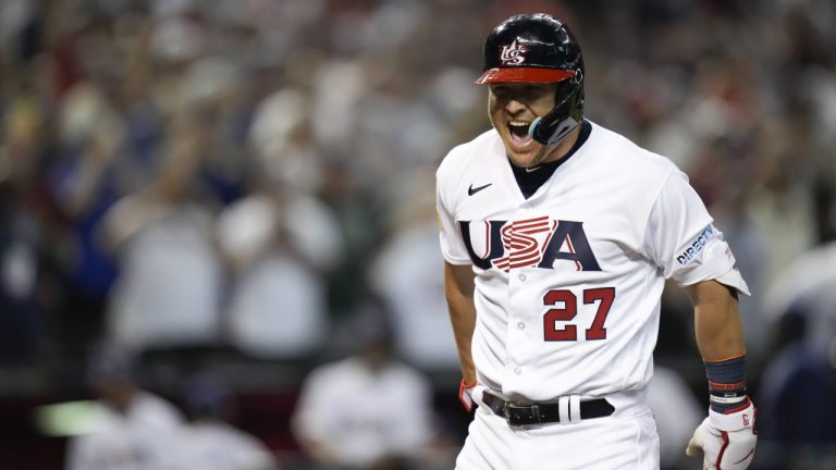 United States' Mike Trout celebrates his three-run home run against Canada during the first inning of a World Baseball Classic game in Phoenix, Monday, March 13, 2023. (Godofredo A. Vásquez/AP)