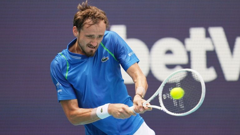 Daniil Medvedev returns a volley against Karen Khachanov in the first set of a match at the Miami Open tennis tournament, Friday, March 31, 2023, in Miami Gardens, Fla. (Jim Rassol/AP Photo)
