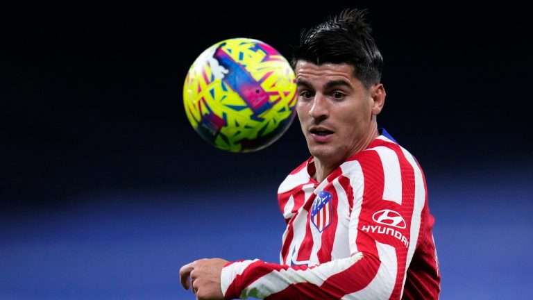 Atletico Madrid's Alvaro Morata goes for the ball during a Spanish La Liga soccer match. (AP Photo/Manu Fernandez)