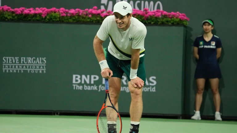 Andy Murray, of Britain, looks toward his coach after losing a point to Jack Draper, of Britain, at the BNP Paribas Open tennis tournament Monday, March 13, 2023, in Indian Wells, Calif. (Mark J. Terrill/AP Photo)
