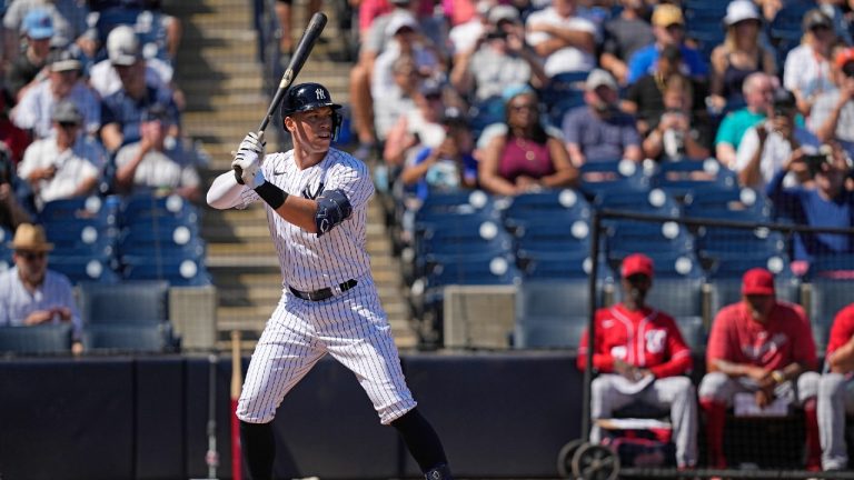 New York Yankees' Aaron Judge bats against the Washington Nationals during the first inning of a spring training baseball game Wednesday, March 1, 2023, in Tampa, Fla. (David J. Phillip/AP)