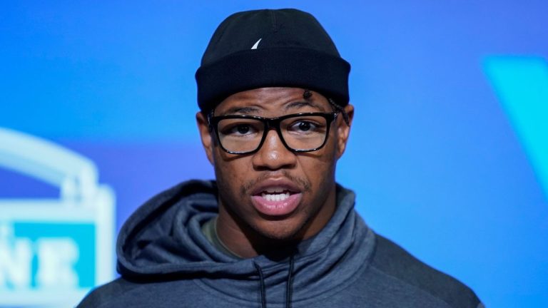 Georgia defensive lineman Nolan Smith speaks during a news conference at the NFL football scouting combine, Wednesday, March 1, 2023, in Indianapolis. (Erin Hooley/AP Photo)