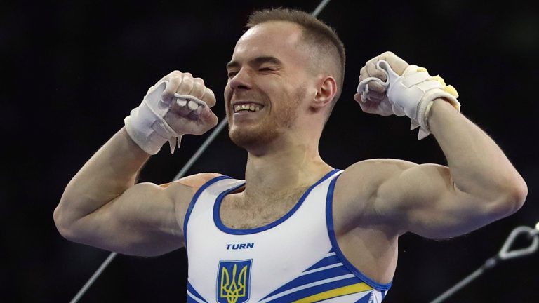 Oleg Verniaiev of the Ukraine celebrates after his performance on the horizontal bar in the men's all-around final at the Gymnastics World Championships in Stuttgart, Germany, Friday, Oct. 11, 2019. (Matthias Schrader/AP)
