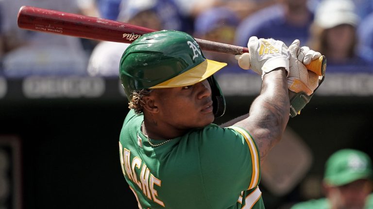 Oakland Athletics' Cristian Pache hits an RBI single during the ninth inning of a baseball game against the Kansas City Royals Sunday, June 26, 2022, in Kansas City, Mo. The Athletics won 5-3. (Charlie Riedel/AP)