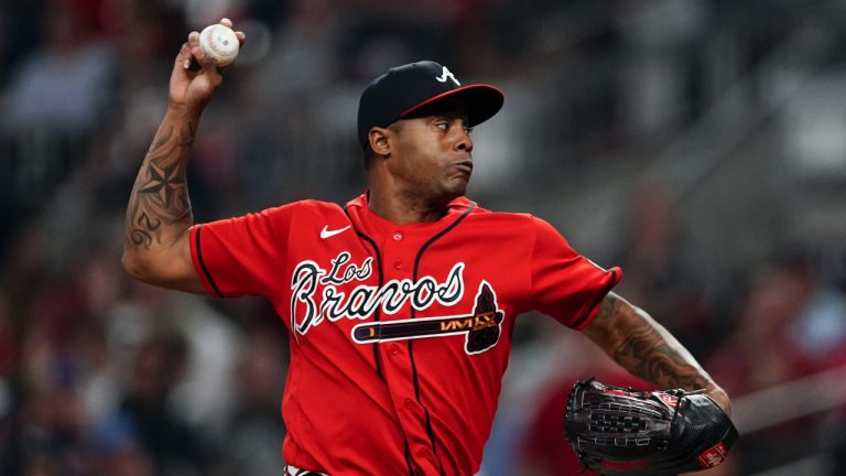 Atlanta Braves relief pitcher Raisel Iglesias works in the ninth inning of the team's baseball game against the Philadelphia Phillies on Friday, Sept. 16, 2022, in Atlanta. (John Bazemore/AP)