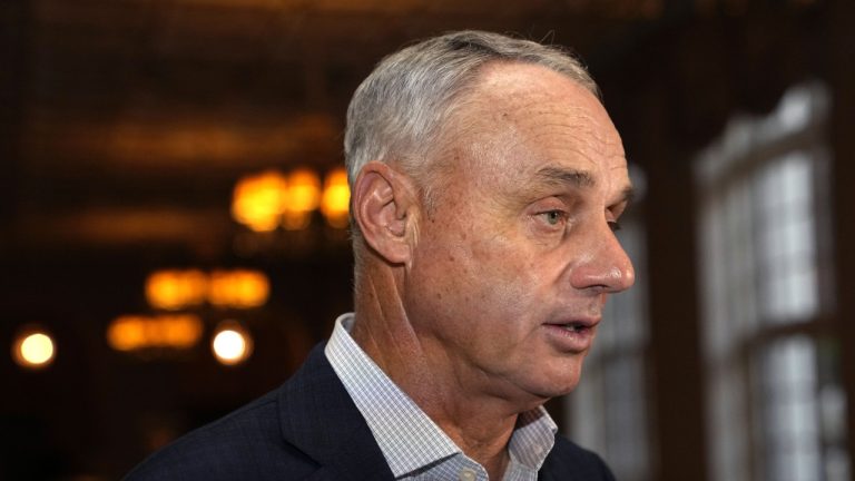 Major League Baseball Commissioner Rob Manfred speaks with the news media after a meeting of MLB owners, Thursday, Feb. 9, 2023, in Palm Beach, Fla. (Lynne Sladky/AP)
