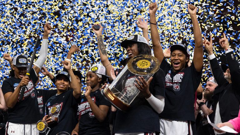 South Carolina players celebrate after defeating Tennessee 74-58 to win the championship game of the Southeastern Conference women's tournament in Greenville, S.C., Sunday, March 5, 2023. (Mic Smith/AP)