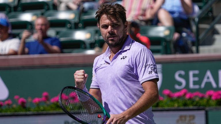 Stan Wawrinka, of Switzerland, reacts after scoring a point against Aleksandar Vukic, of Australia, at the BNP Paribas Open tennis tournament Thursday, March 9, 2023, in Indian Wells, Calif. (Mark J. Terrill/AP)