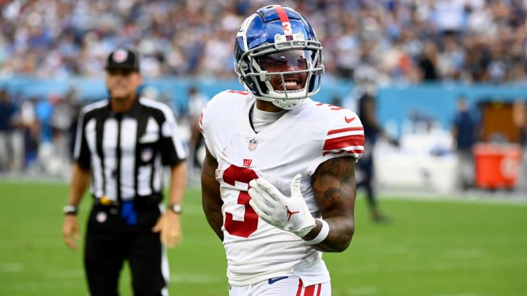 New York Giants wide receiver Sterling Shepard (3) celebrates after his touchdown reception during the second half of an NFL football game against the Tennessee Titans Sunday, Sept. 11, 2022, in Nashville. (Mark Zaleski/AP Photo)