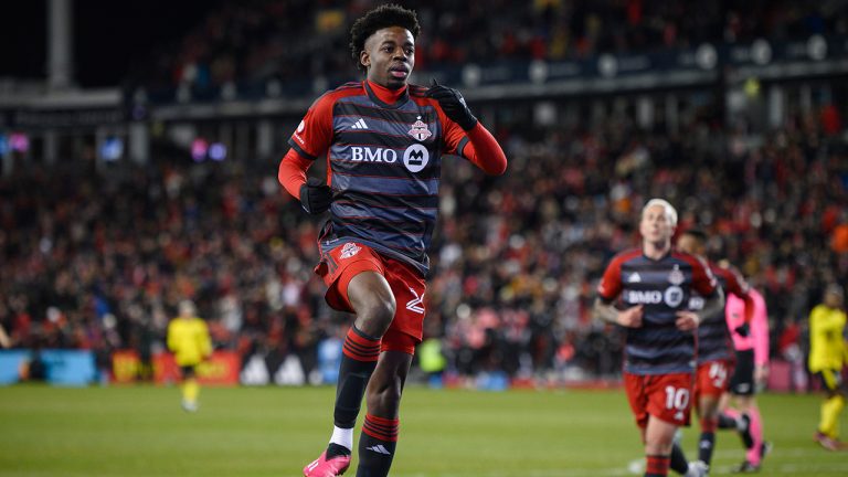 Toronto FC forward Deandre Kerr celebrates after scoring against the Columbus Crew during first half MLS soccer action, in Toronto, on Saturday, March 11, 2023 (Christopher Katsarov/CP)