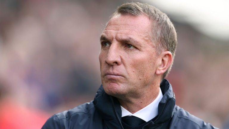 Leicester's manager Brendan Rodgers waits for the start of the English Premier League soccer match between Brentford and Leicester City at Brentford Community Stadium in Brentford, West London, Saturday, March 18, 2023. (Ian Walton/AP Photo)