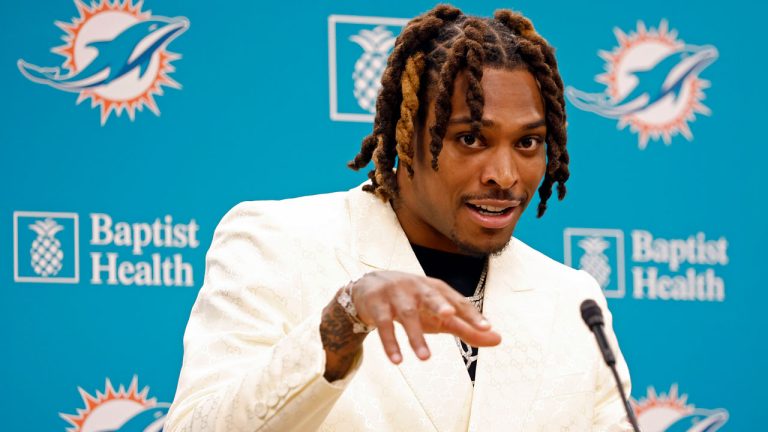 Miami Dolphins cornerback Jalen Ramsey speaks as he is introduced during an NFL football news conference. (AP)