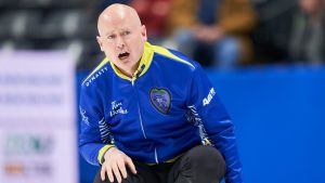 Alberta skip Kevin Koe watches his shot during his match against Reid Carruthers' Wild Card team from the Morris Curling Club in Manitoba at the 2023 Tim Hortons Brier at Budweiser Gardens in London, Ont. on Monday, March 6, 2023. (Geoff Robins/CP)