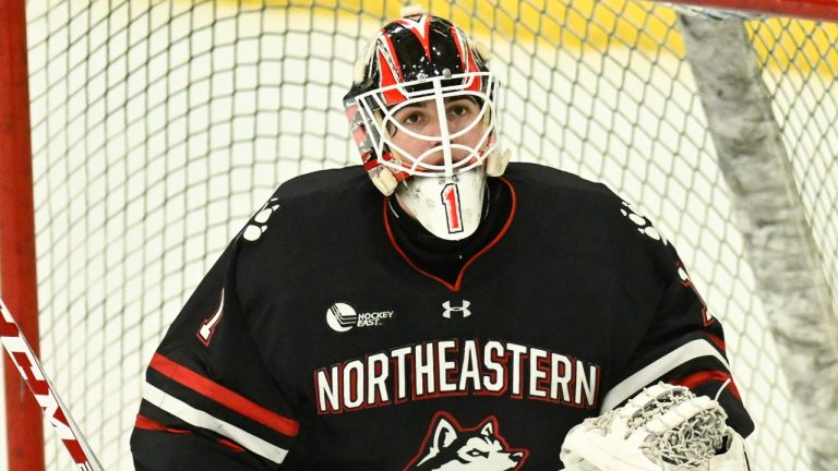 FILE - Northeastern goaltender Devon Levi (1) plays during an NCAA hockey game against Union on Saturday, Dec. 3, 2022, in Schenectady, N.Y. (Hans Pennink/AP)