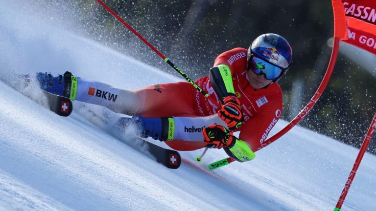 Switzerland's Marco Odermatt speeds down the course during an alpine ski, men's World Cup giant slalom in Kranjska Gora, Slovenia, Saturday, March 11, 2023. (Marco Trovati/AP)
