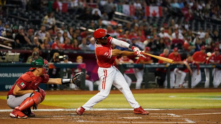 Canada's Otto Lopez hits an RBI single against Mexico during the first inning of a World Baseball Classic game in Phoenix, Wednesday, March 15, 2023. (Godofredo A. Vásquez/AP)