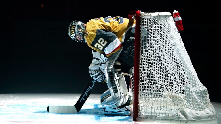 Vegas Golden Knights goaltender Jonathan Quick prepares prior to an NHL hockey game against the Montreal Canadiens, Sunday, March 5, 2023, in Las Vegas. (Lucas Peltier/AP)