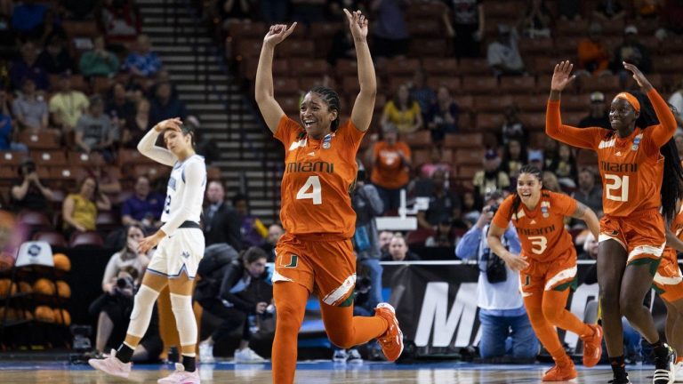 Miami's Jasmyne Roberts (4) runs after defeating Villanova in a Sweet 16 college basketball game of the NCAA Tournament in Greenville, S.C., Friday, March 24, 2023. (Mic Smith/AP)