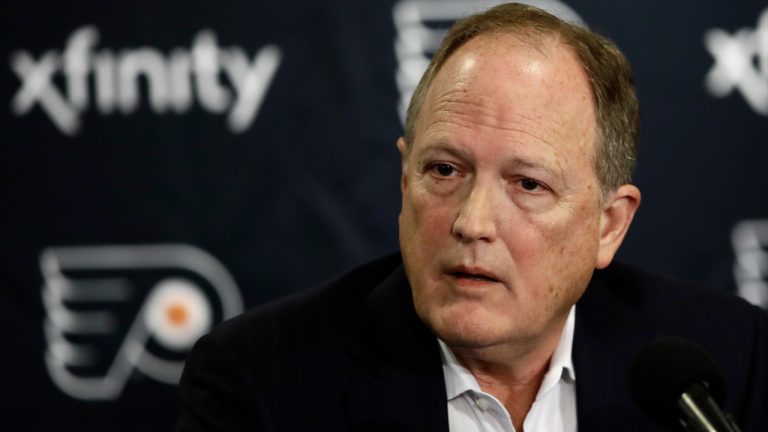 FILE - Comcast Spectacor Chairman and then-CEO Dave Scott, a Philadelphia-based sports and entertainment company that owns the Philadelphia Flyers, speaks with members of the media during a news conference Tuesday, Nov. 27, 2018, in Philadelphia. Comcast Spectacor announced Monday, March 27, 2023, that Dave Scott has decided the retire. (Matt Rourke/AP)